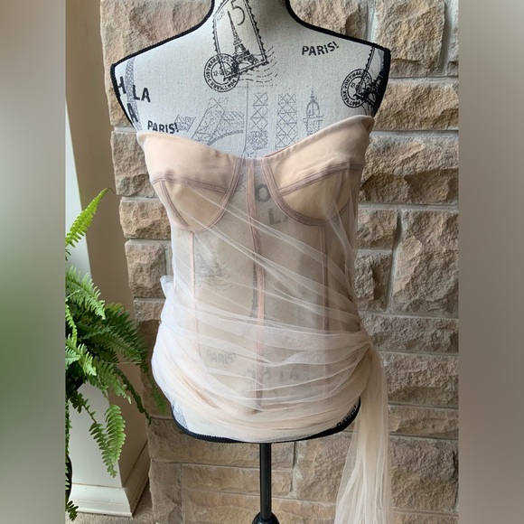 RARE FASHION NOVA Tule Mesh Nude Bustier Corset Draped Top Size Large LIKE NEW - Picture 3 of 16